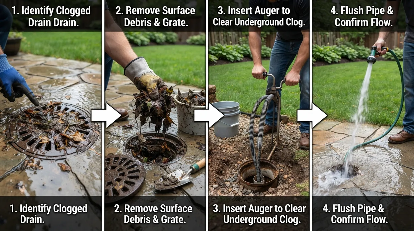 Homeowner safely cleaning yard, patio, and underground drains by removing surface debris, clearing the drain opening, and flushing the underground pipe.