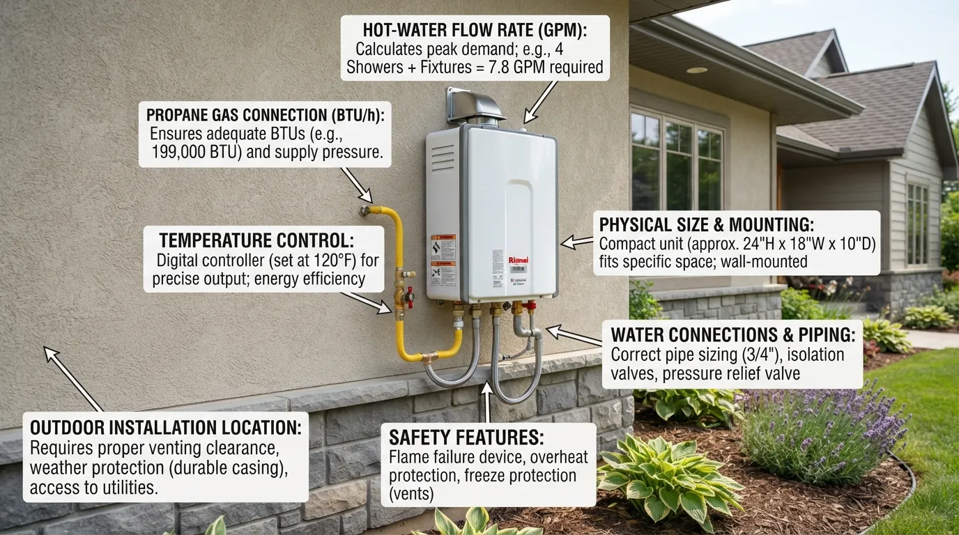 Outdoor on-demand propane water heater with key selection factors including flow rate, propane fuel, temperature setting, size, safety features, and installation location.