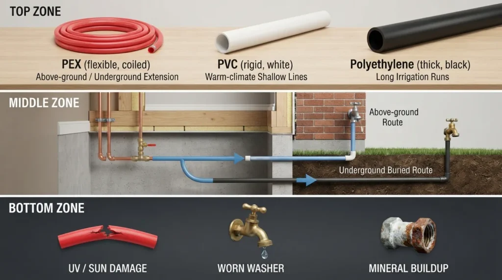 Comparison illustration of PEX, PVC, and polyethylene outdoor water pipes showing installation methods and common problem areas like leaks and corrosion