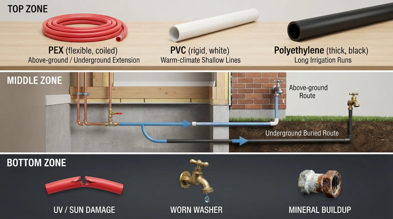 Comparison illustration of PEX, PVC, and polyethylene outdoor water pipes showing installation methods and common problem areas like leaks and corrosion