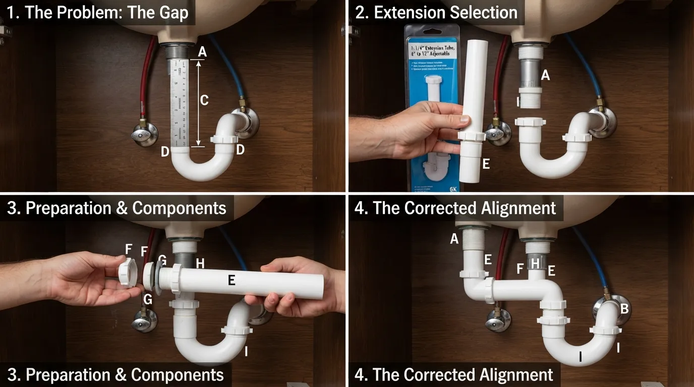 Diagram showing how to choose the correct P-trap extension, measure the sink drain gap, install the extension, and align the sink drain with the P-trap