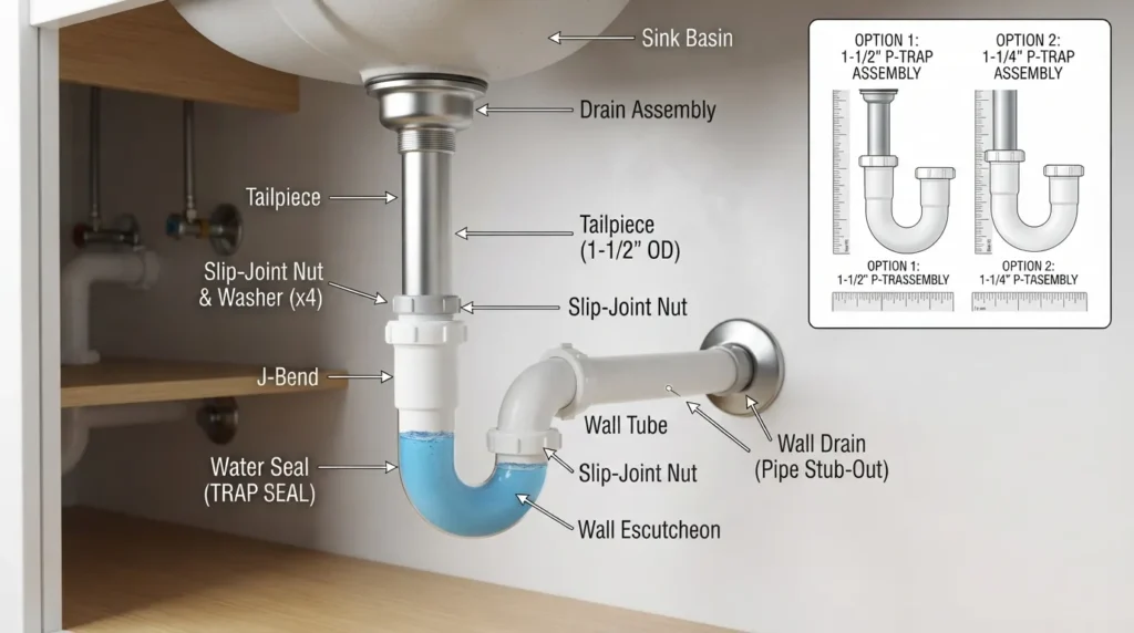 Labeled P-trap parts diagram showing the tailpiece, J-bend, wall tube, slip-joint nuts, washers, and common 1-1/4-inch and 1-1/2-inch sizes