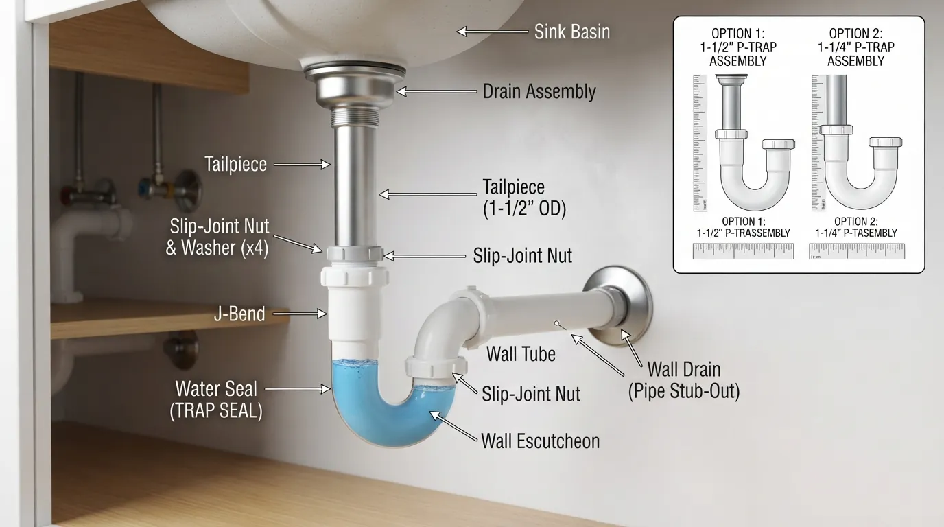 Labeled P-trap parts diagram showing the tailpiece, J-bend, wall tube, slip-joint nuts, washers, and common 1-1/4-inch and 1-1/2-inch sizes