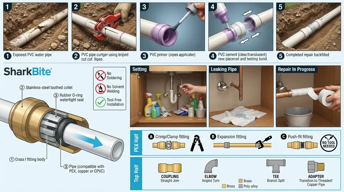 Infographic showing different types of PEX plumbing fittings including crimp, expansion, and push-fit connections with labeled coupling, elbow, tee, and adapter shapes