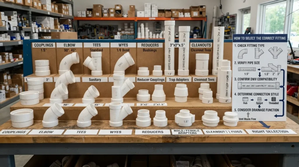 PVC drain fittings showing common fitting types, different pipe sizes, DWV compatibility, and how to choose the correct fitting for a drainage connection.