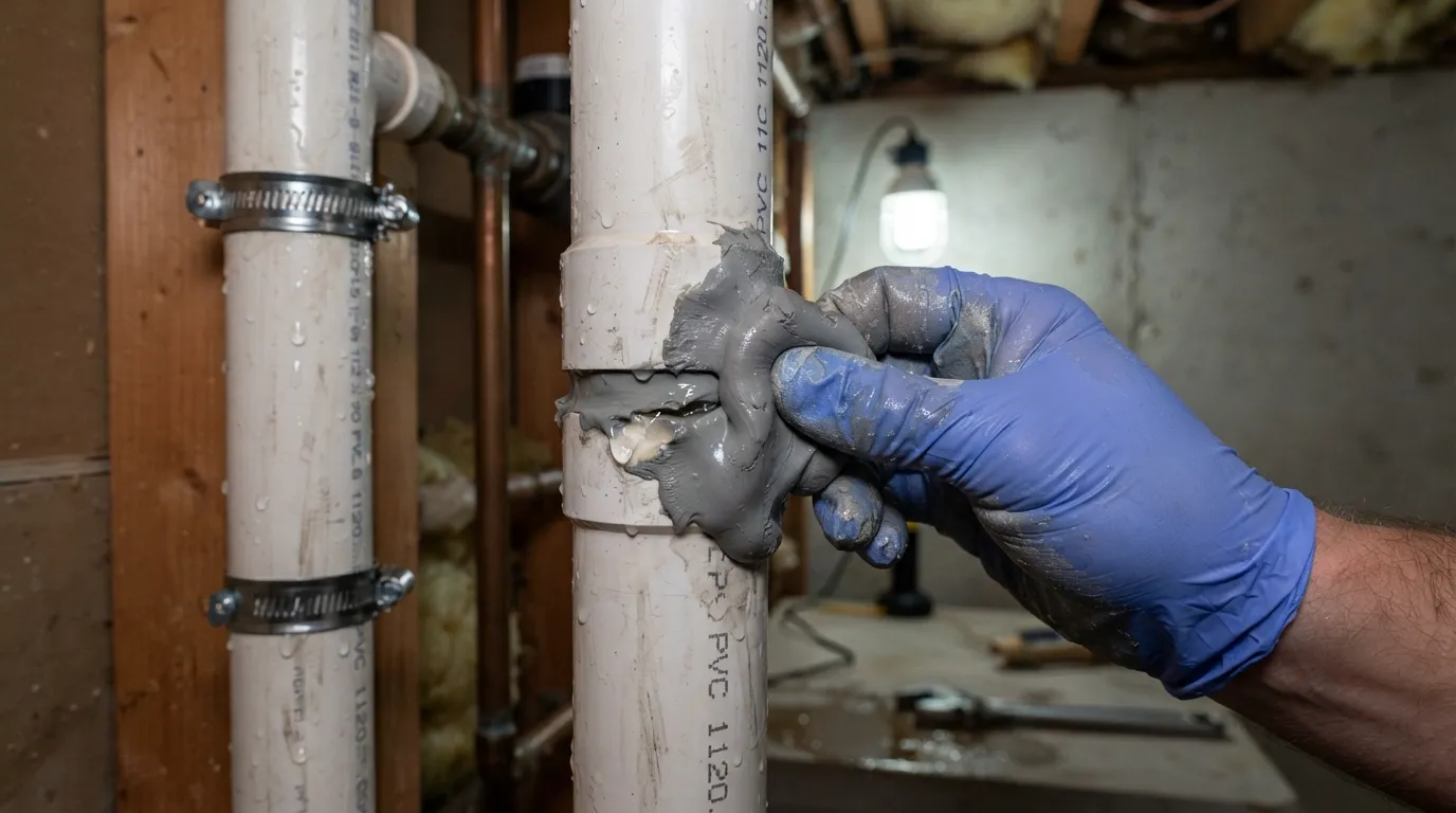 PVC pipe with a small hole and crack being repaired with epoxy putty to stop a water leak