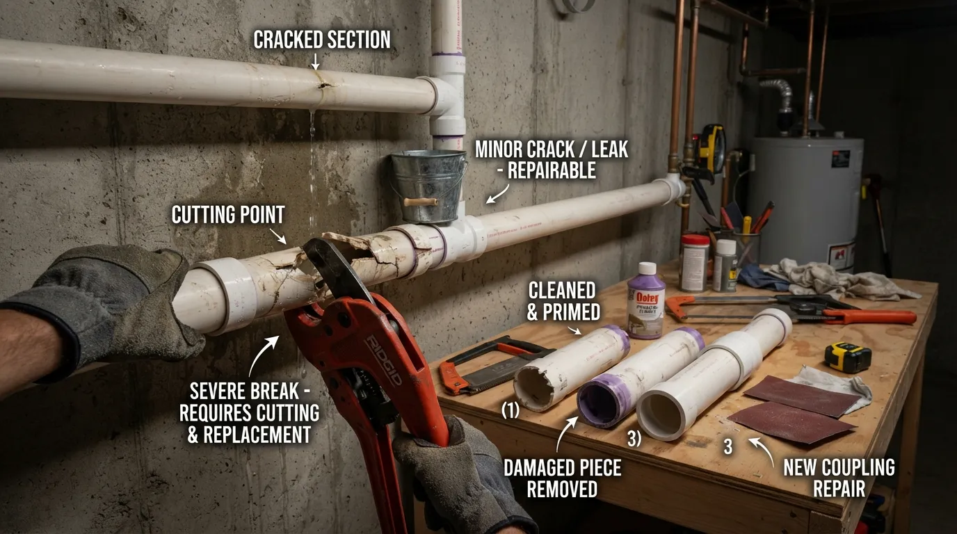 PVC pipe repair showing a cracked and leaking section being cut out and replaced with a new PVC coupling