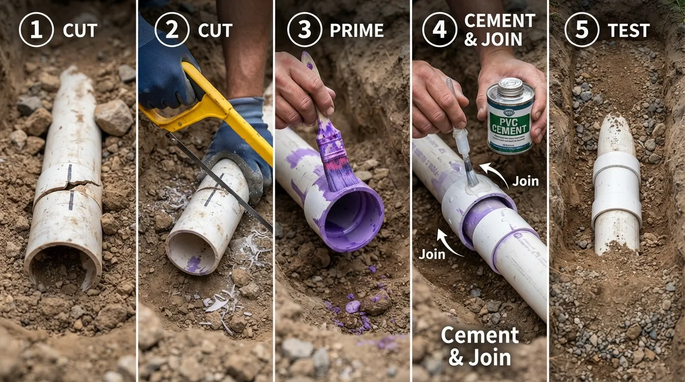 Step-by-step process of repairing a broken PVC pipe underground, showing pipe cutting, primer application, cement bonding, and coupling installation