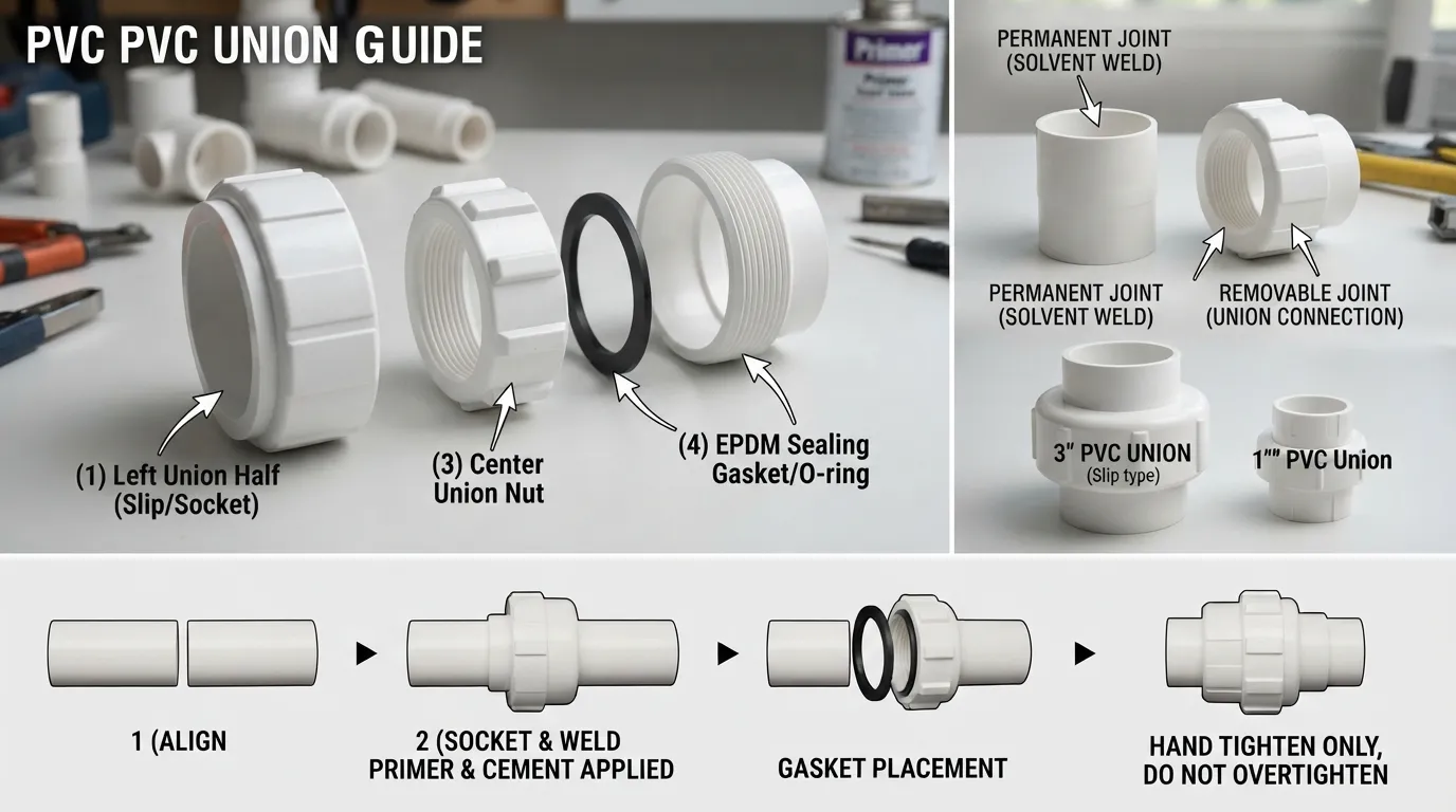 PVC pipe union showing different types and sizes, including a 3-inch union, with installation parts compared with a PVC coupling