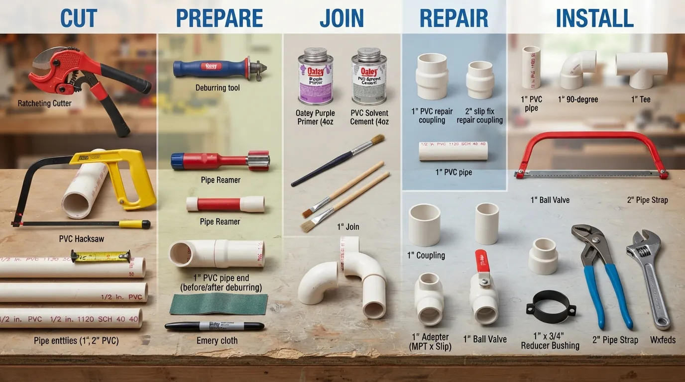 PVC plumbing tools including a pipe cutter, deburring tool, PVC saw, reamer, measuring tape, marker, primer, cement, and wrenches for cutting, joining, repairing, and installing PVC pipe