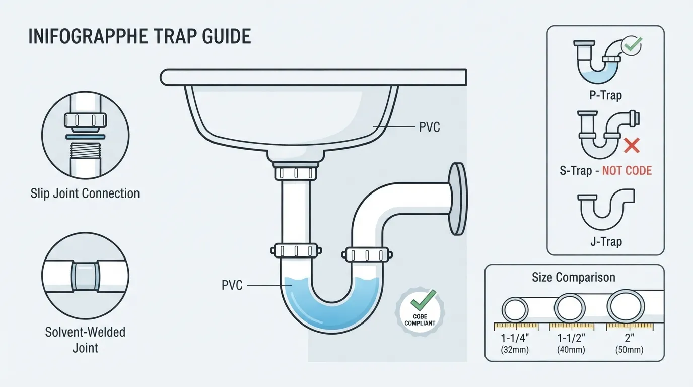 Diagram showing different PVC plumbing trap types, standard trap sizes, and basic installation points under a sink drain