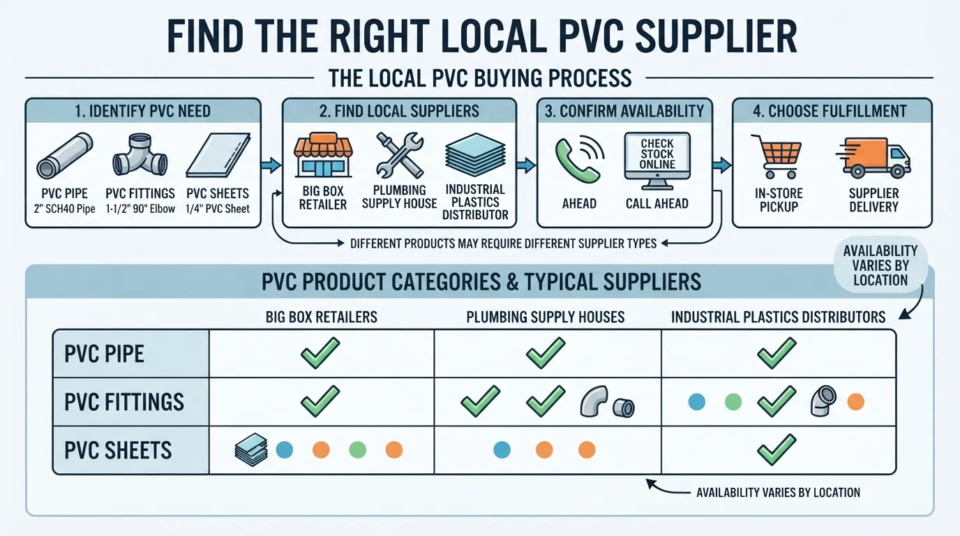 Local PVC supplier options showing PVC pipe, fittings, and PVC sheets for nearby purchase