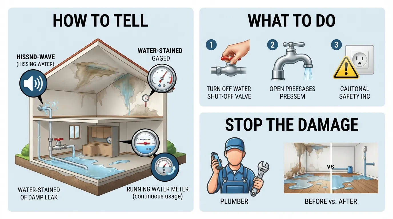 Illustration showing signs of a broken pipe such as water stains and low pressure, alongside emergency steps including shutting off the main water valve and calling a plumber