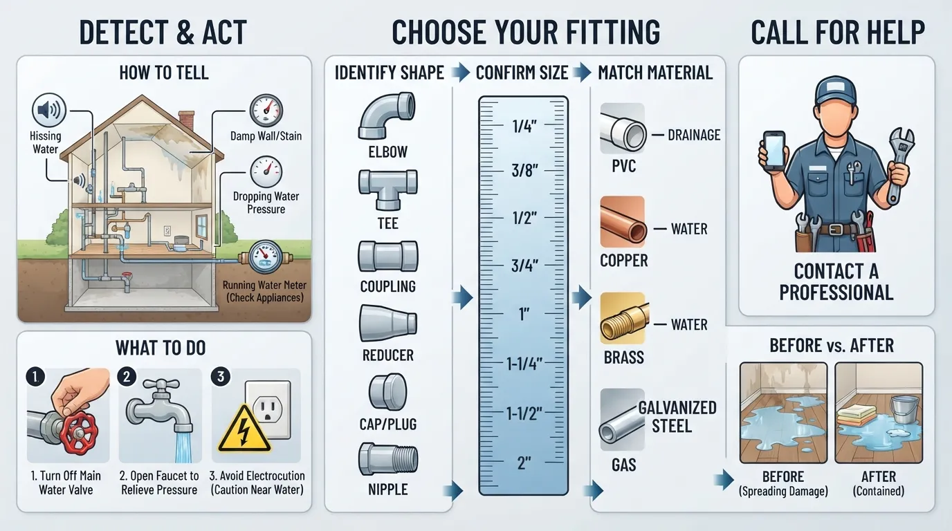 Visual chart comparing common pipe fitting types such as elbows, tees, couplings, and reducers alongside standard sizes and materials including PVC, copper, and steel