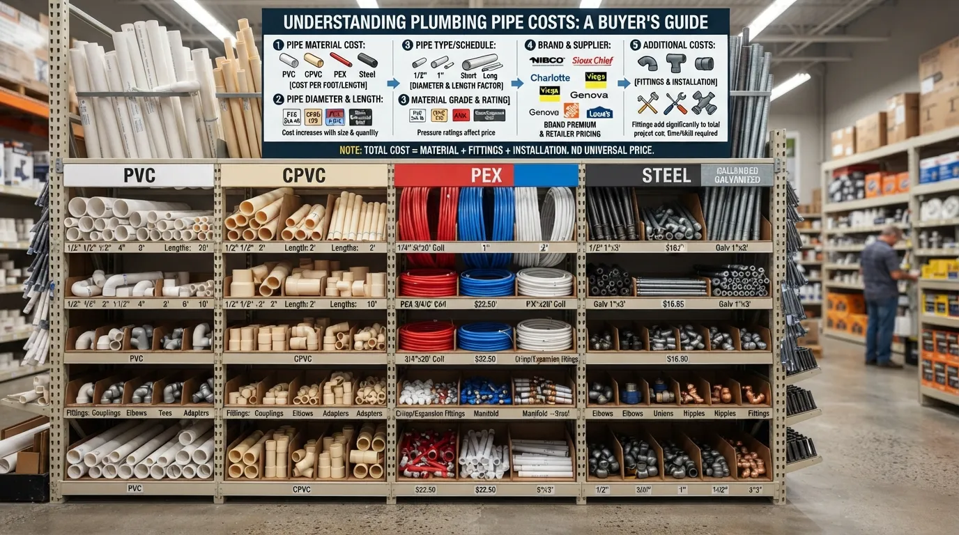 Plumbing pipe price comparison showing PVC, CPVC, PEX, and steel pipes with different sizes and lengths