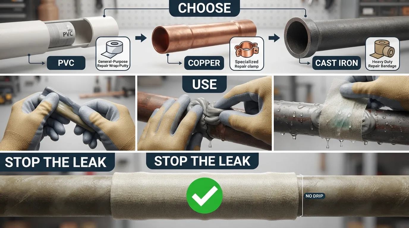 Hands applying a two-part epoxy putty and fiberglass wrap pipe repair kit onto a leaking pipe to seal a crack