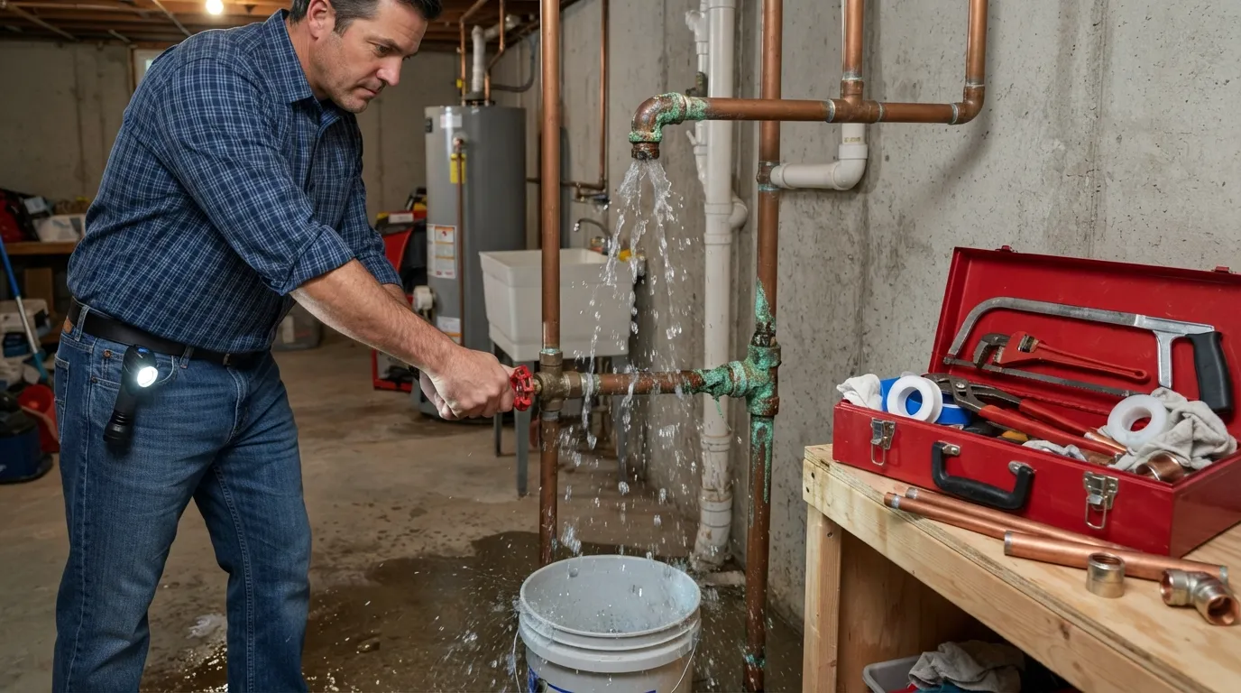 Home plumbing pipe leaking with a homeowner shutting off the water valve, checking the leak source, and preparing for pipe repair