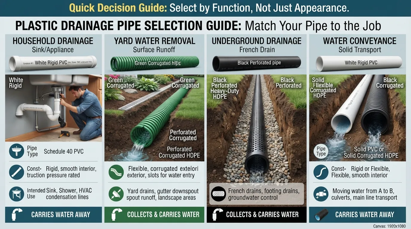 Comparison of plastic drainage pipe types matched to different jobs, helping homeowners choose the right pipe for each drainage application.