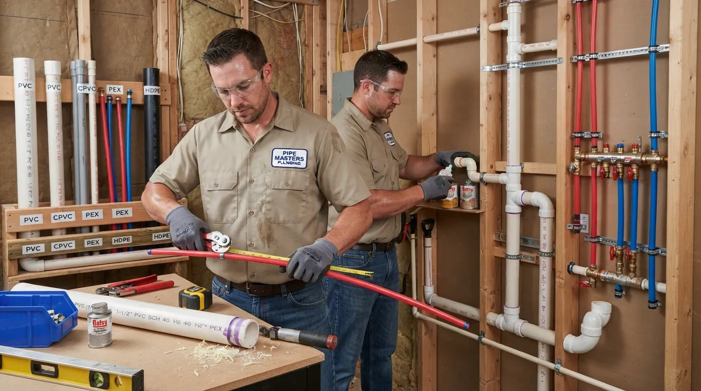 Real plumbing image showing plastic pipe installation steps including choosing pipe types, cutting PVC pipes, joining fittings, and securing pipes with supports