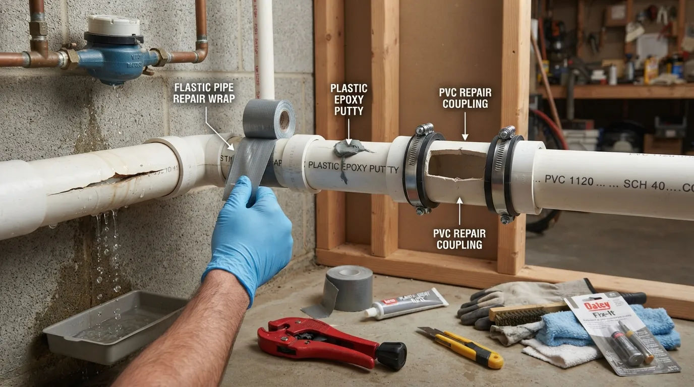 A plastic pipe repair kit being used to fix a cracked and leaking PVC pipe with repair wrap, epoxy, and sealing methods without replacing the entire pipe.