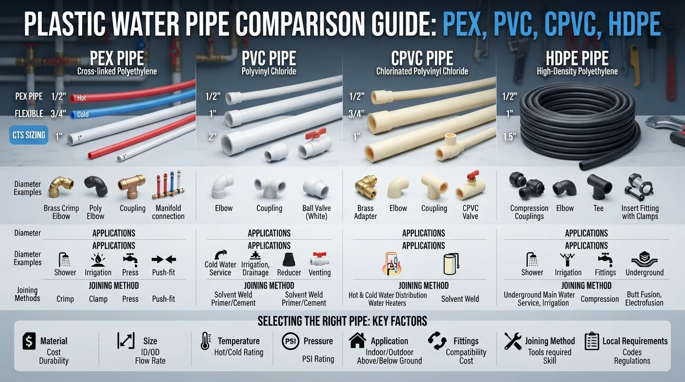 Comparison of plastic water pipe types showing PEX, PVC, CPVC and HDPE, different pipe sizes and fittings, common water uses, and factors for choosing the right pipe.