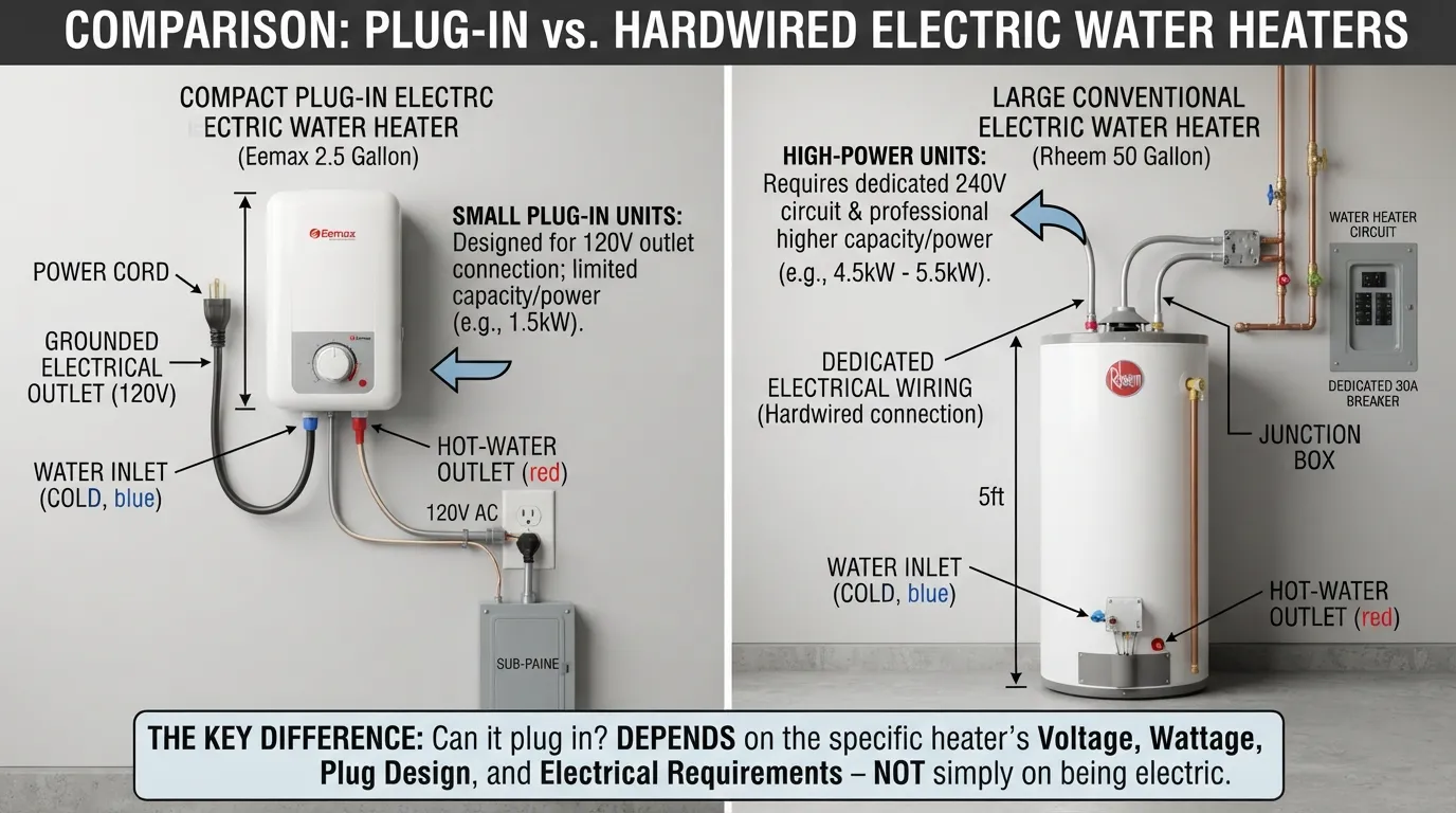 Plug-in water heater connected to an electrical outlet, showing the difference between suitable plug-in units and water heaters that require dedicated wiring