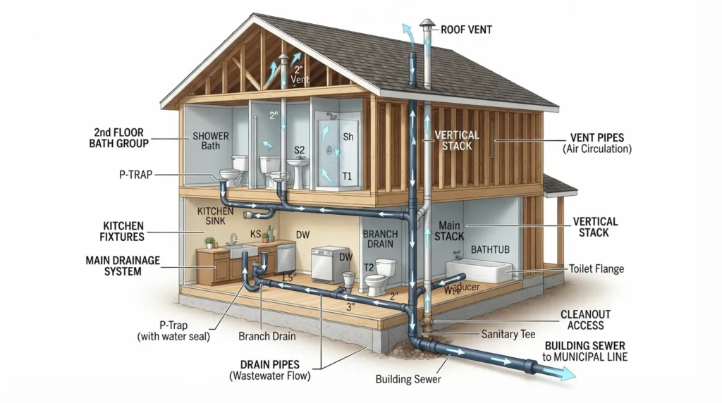 Detailed plumbing drain diagram showing a home drainage system with bathroom fixtures, branch drain pipes, main drain line, vent pipes, cleanouts, and sewer connection