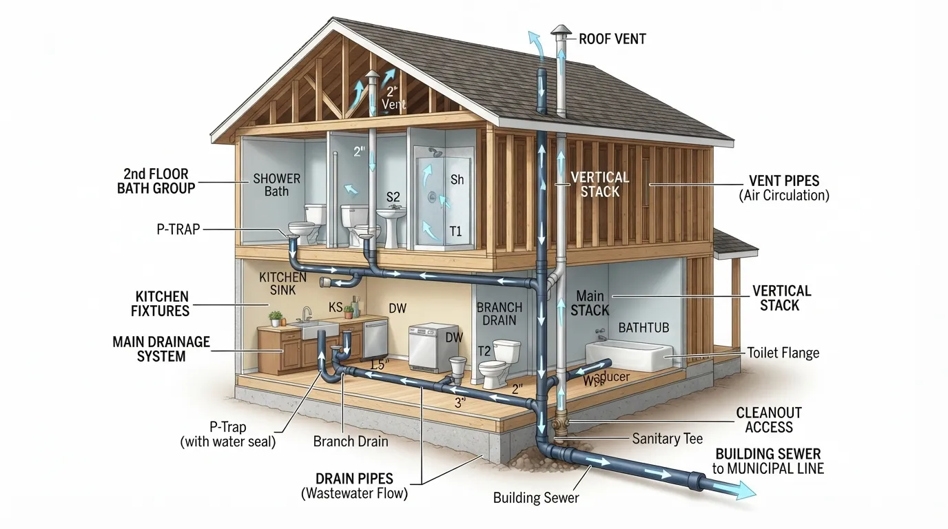Detailed plumbing drain diagram showing a home drainage system with bathroom fixtures, branch drain pipes, main drain line, vent pipes, cleanouts, and sewer connection