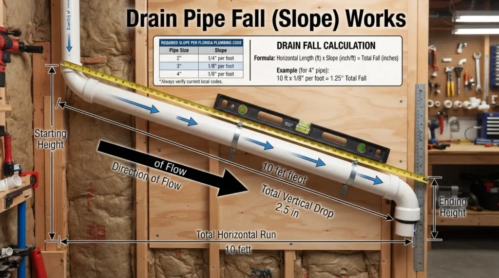 Diagram showing plumbing drain fall by pipe size, correct pipe slope, vertical drop over horizontal distance, and how to calculate drain slope.