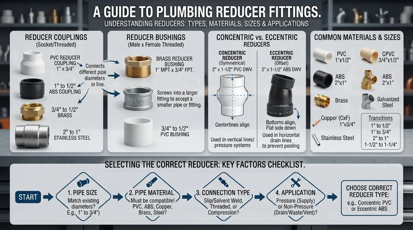 Plumbing reducer fittings showing different types, sizes, materials, uses, and how to choose the right reducer