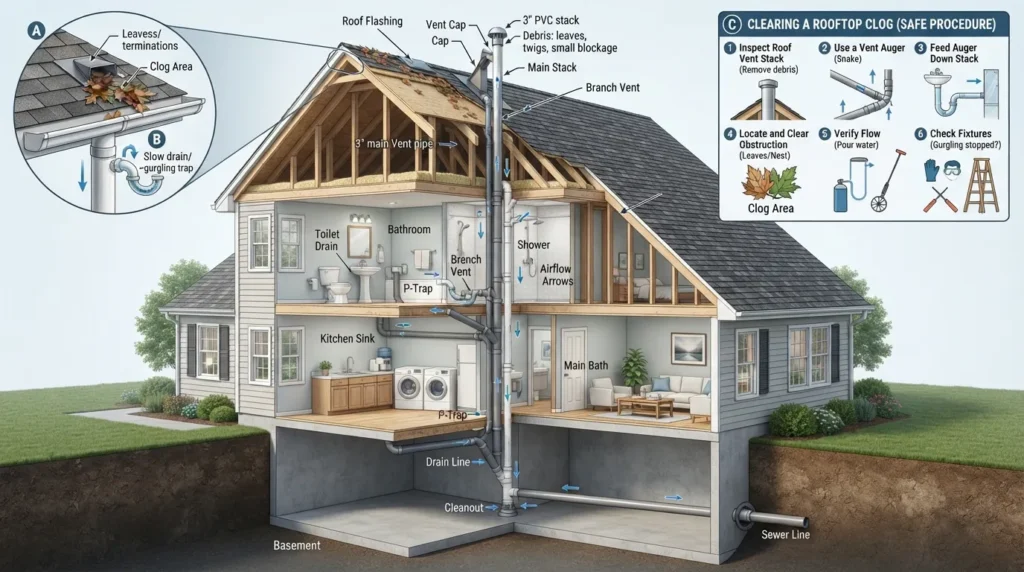 Cross-section diagram showing a plumbing vent pipe routing through a house roof, indicating clog signs and troubleshooting steps.