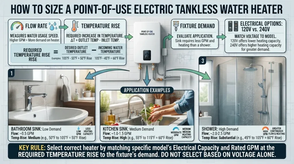 Point of use electric tankless water heater sizing diagram showing 120V and 240V options, GPM, temperature rise, and suitability for sinks and showers