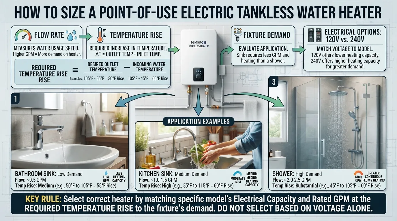 Point of use electric tankless water heater sizing diagram showing 120V and 240V options, GPM, temperature rise, and suitability for sinks and showers