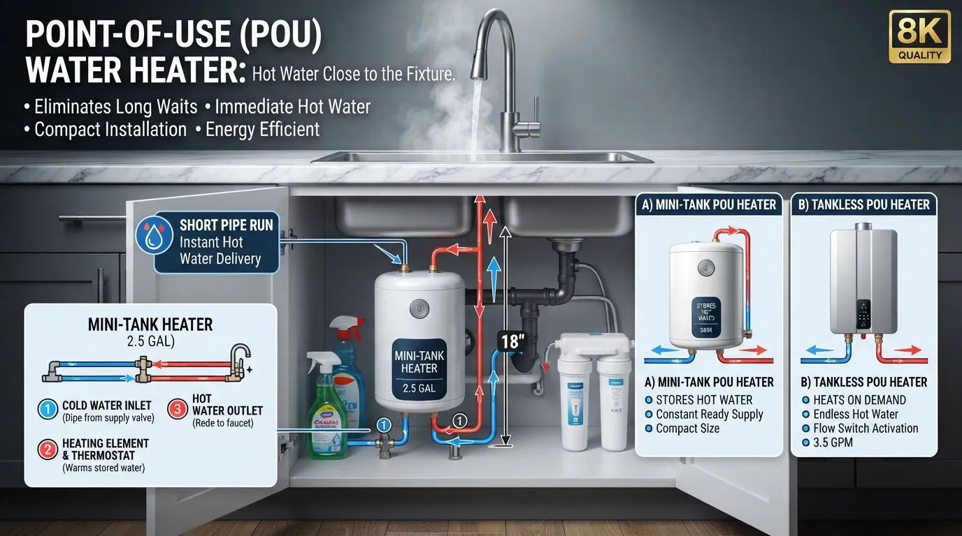 Point-of-use water heater installed under a sink showing how compact electric heating provides hot water close to the faucet