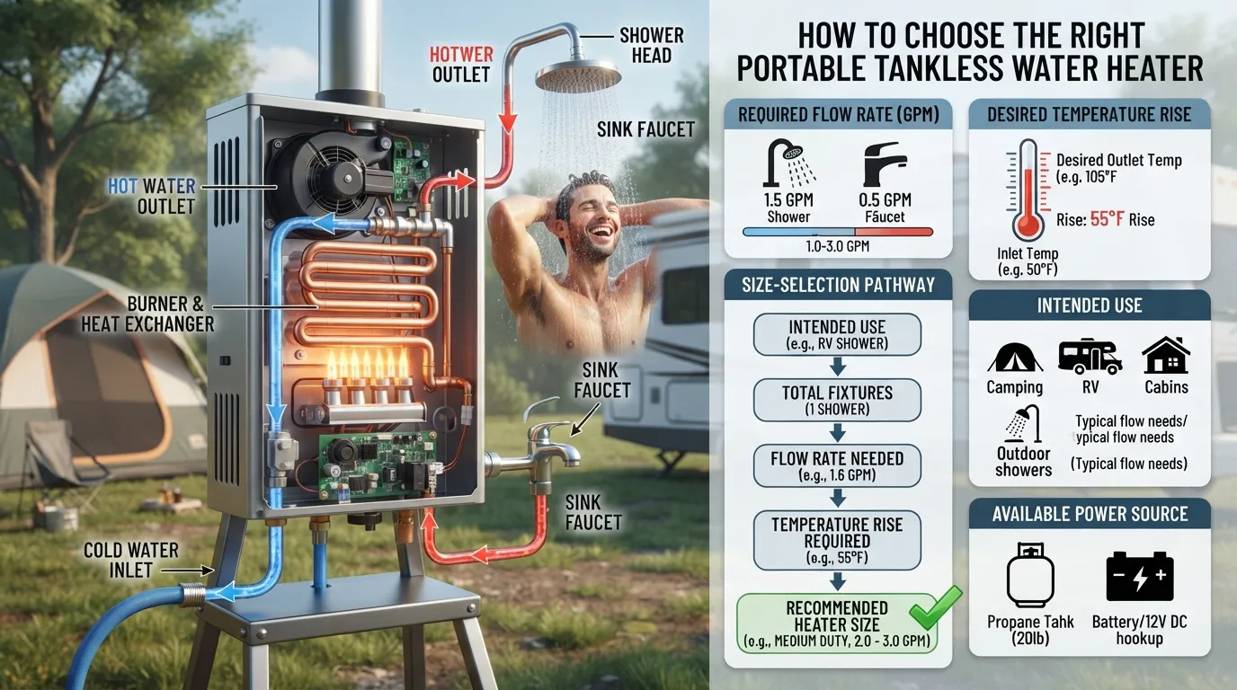 Portable tankless water heater showing how water flows through the unit, with size and selection factors including flow rate, power source, and intended use