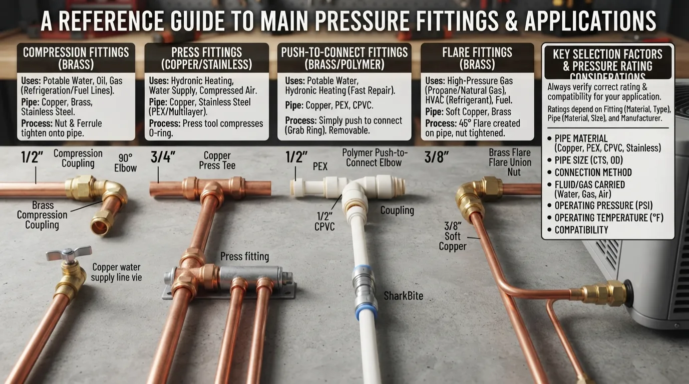 Pressure fittings plumbing showing compression, press, push-to-connect, and flare fittings, their uses, pressure ratings, and selection factors