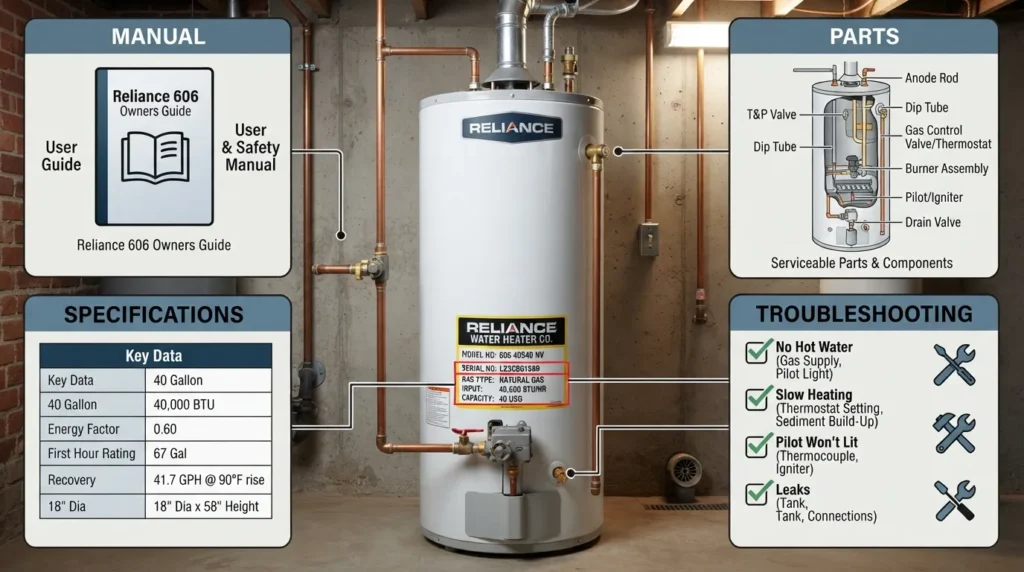 Reliance 606 water heater showing model identification, specifications, manual, parts, and troubleshooting information