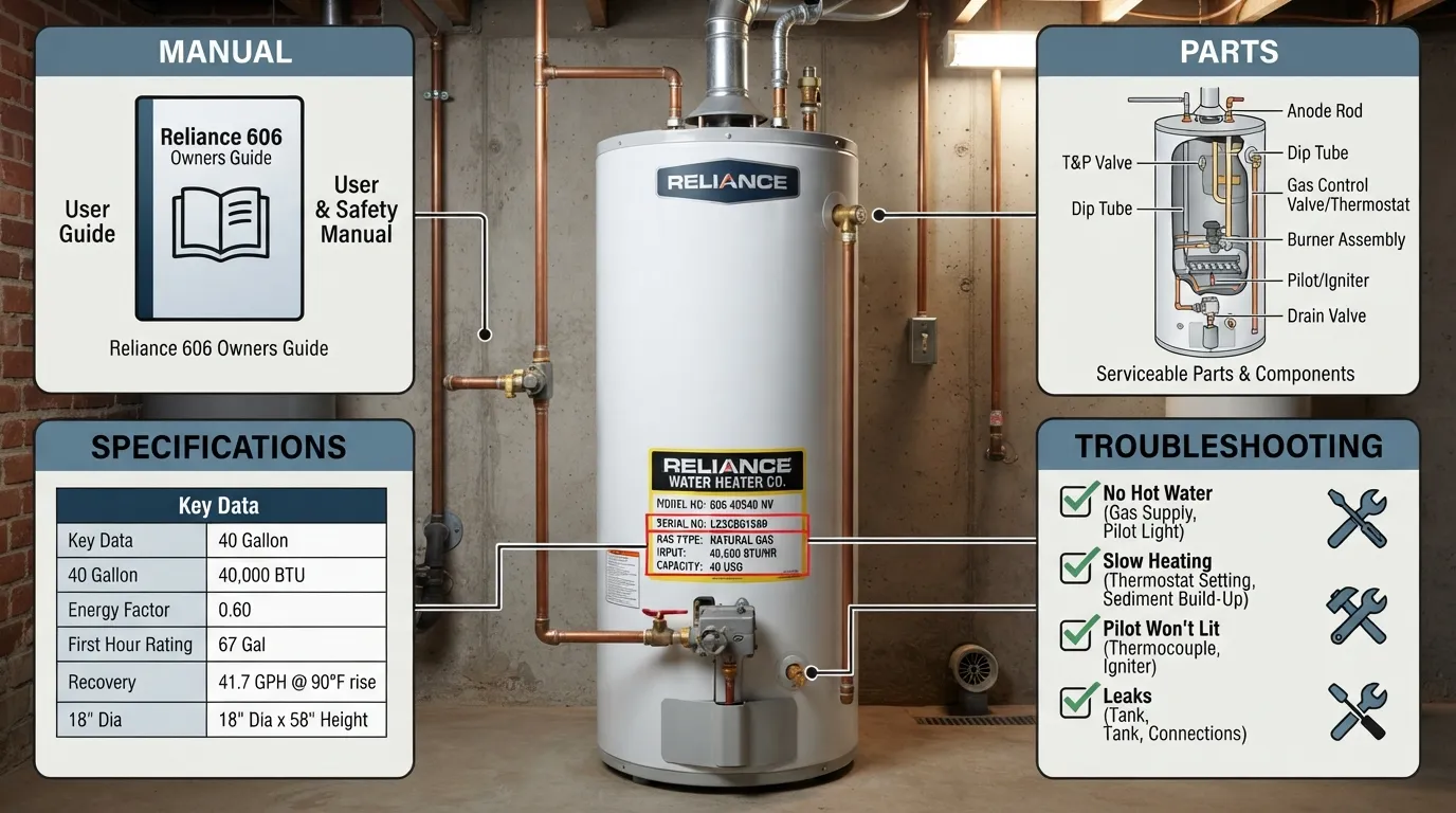 Reliance 606 water heater showing model identification, specifications, manual, parts, and troubleshooting information