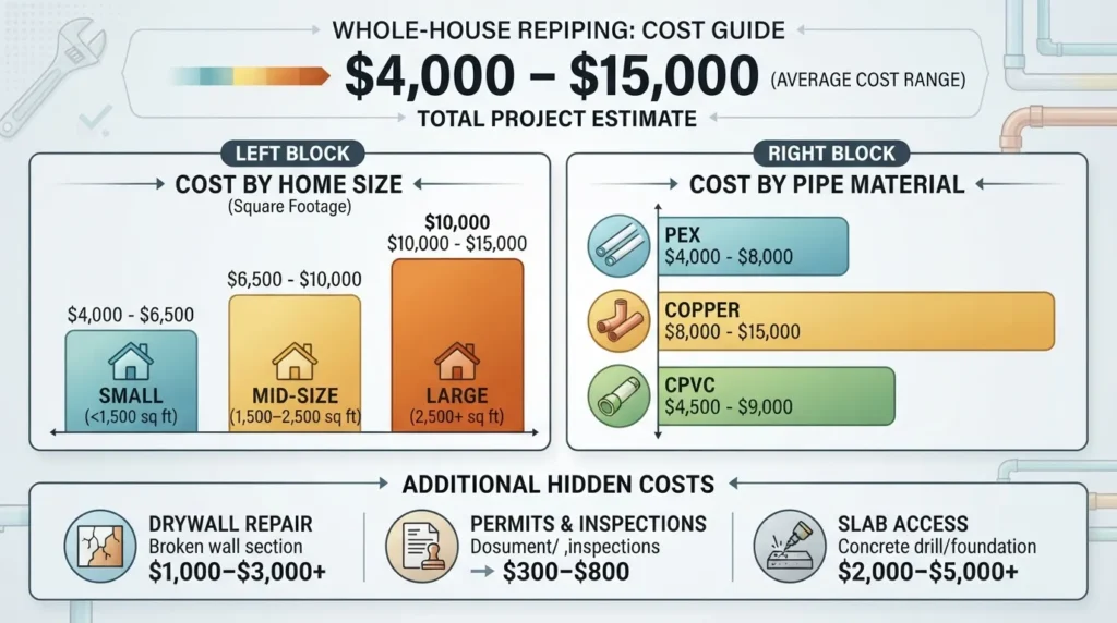Infographic showing the average cost to repipe a house in 2026, broken down by home size and pipe material, with a total price range from $4,000 to $15,000.