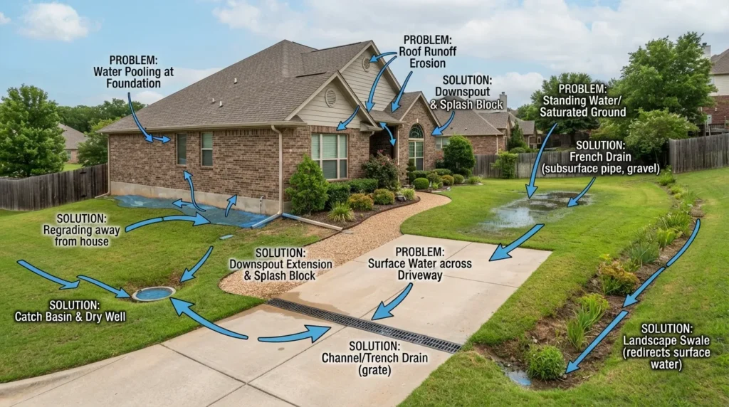 Home drainage system comparison showing French drains, catch basins, grading, swales, channel drains, and downspout drainage for different residential water problems.