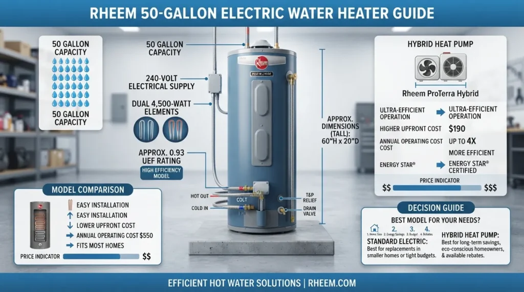 Rheem 50 gallon electric water heater showing price, key specifications, dimensions, and standard versus hybrid model options