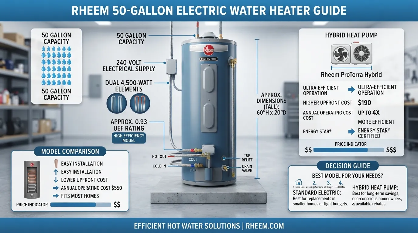 Rheem 50 gallon electric water heater showing price, key specifications, dimensions, and standard versus hybrid model options