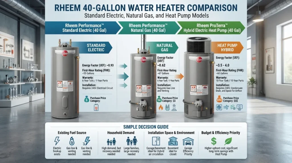 Rheem 40-gallon water heater comparison showing electric, gas, and heat pump models with sizes, specifications, prices, and key buying factors