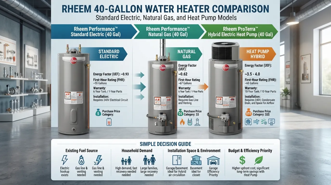 Rheem 40-gallon water heater comparison showing electric, gas, and heat pump models with sizes, specifications, prices, and key buying factors
