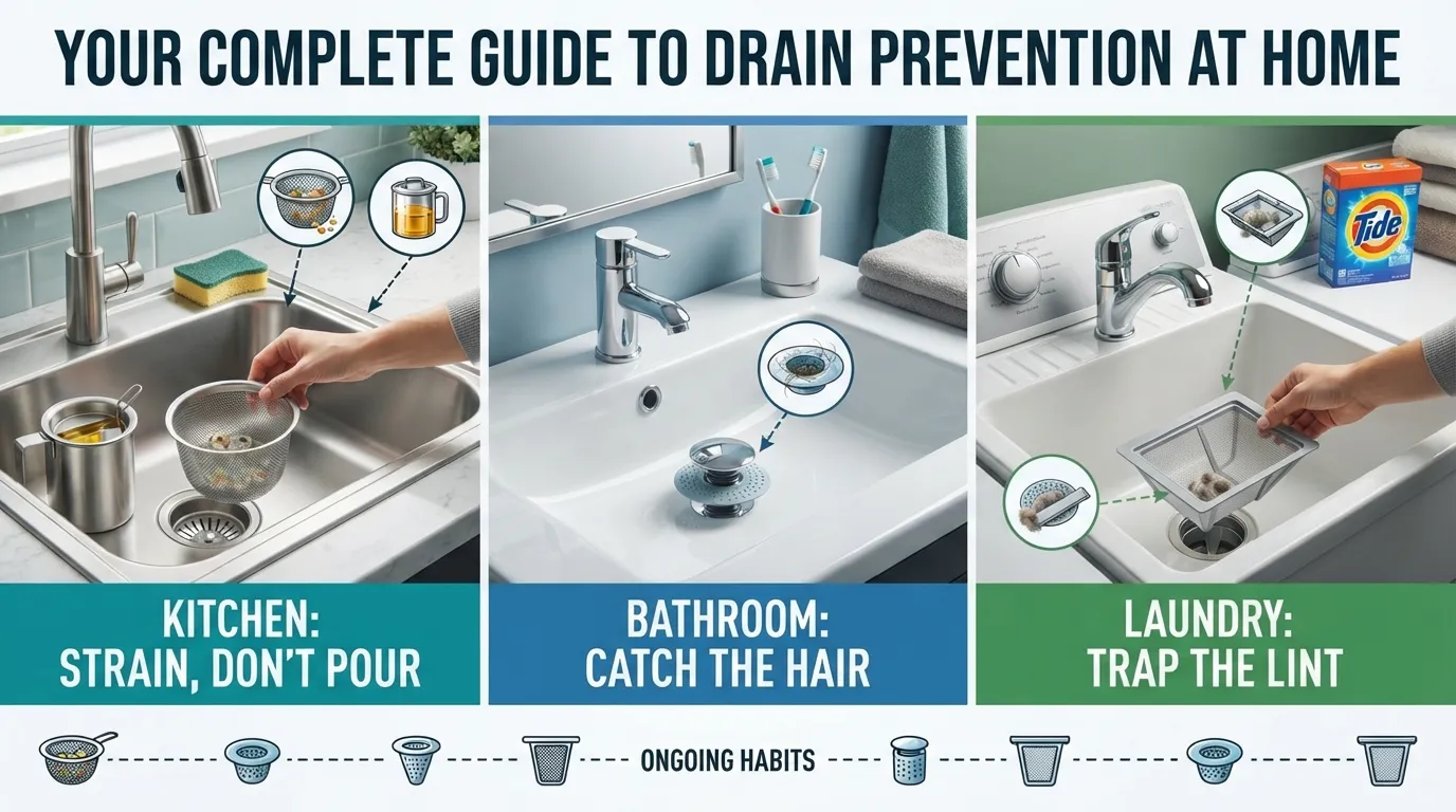Infographic showing kitchen, bathroom, and laundry room drains with prevention icons like a mesh strainer, hair catcher, and hot water flush for each room
