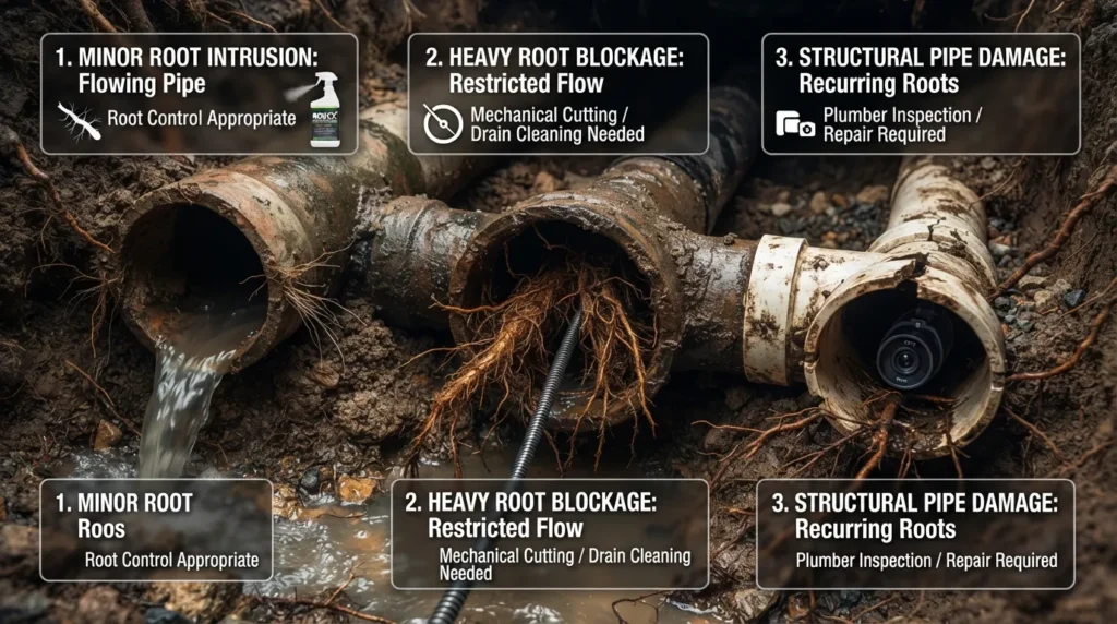 Visual guide showing when root killer can help control tree roots in drain or sewer pipes, when mechanical root removal is needed, and when pipe damage or a severe blockage requires a plumber.
