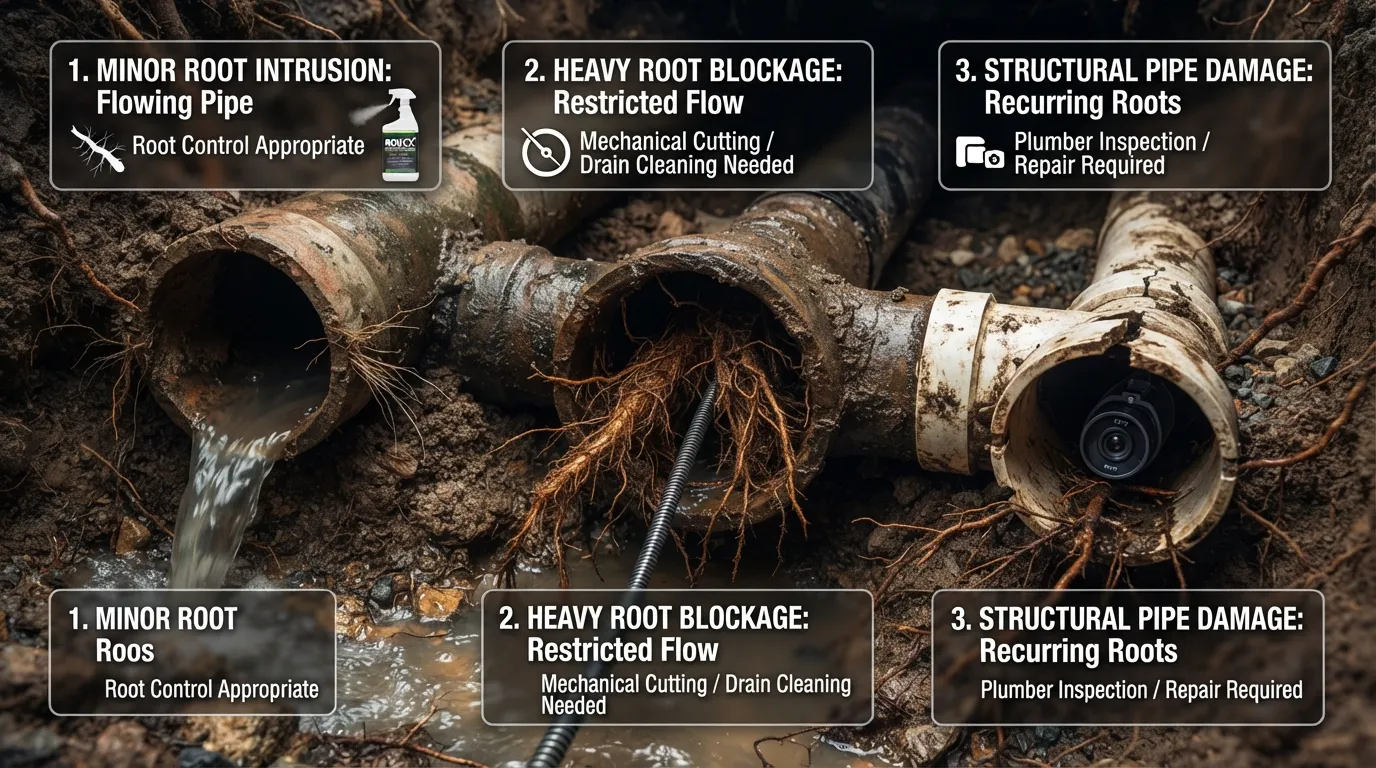 Visual guide showing when root killer can help control tree roots in drain or sewer pipes, when mechanical root removal is needed, and when pipe damage or a severe blockage requires a plumber.