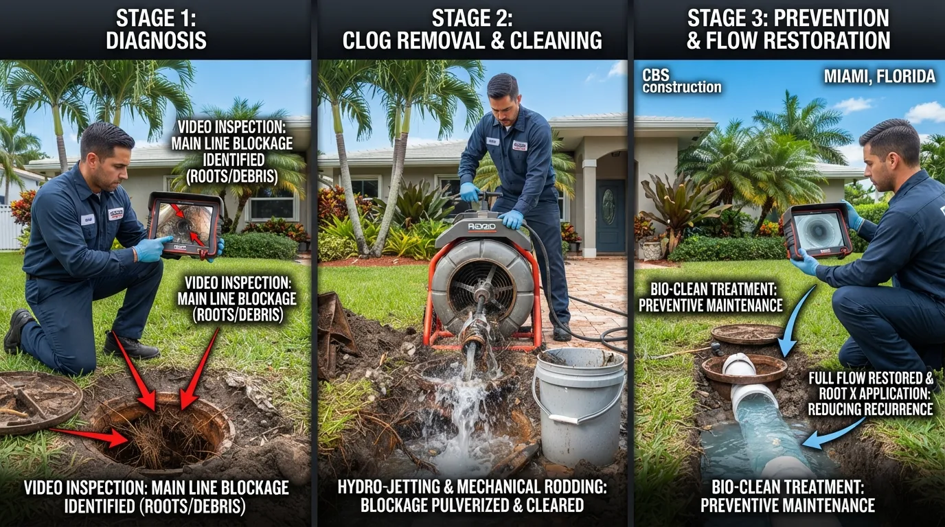 Miami sewer drain cleaning visual showing how to diagnose a main sewer line clog, clear the blockage, and prevent future sewer clogs.