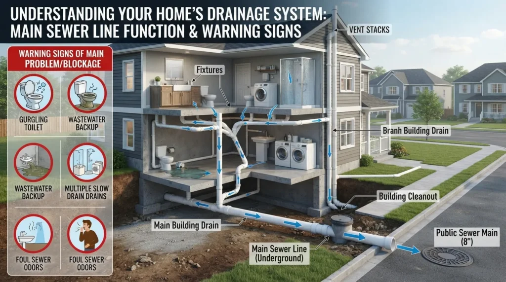 Diagram showing how wastewater flows from home drains into the main sewer line, where the sewer drain goes, and common signs of a main sewer problem such as multiple slow drains, gurgling toilets, and sewage backups.