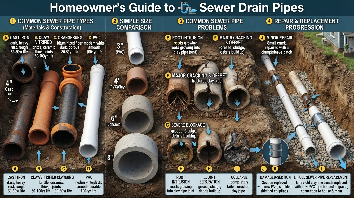 Home sewer drain pipe guide showing common pipe types and sizes, typical sewer problems, repair methods, and full pipe replacement options.